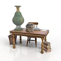 Rustic Wooden Furniture Set With Table Chair Green Vase Stacked Books And Small Basket