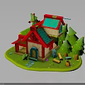 Cute Small House With Red And Blue Roofs Surrounded By Green Trees Lawn And Path