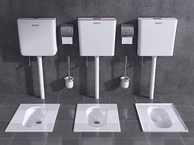 Three White Squatting Toilets With Mounted Tanks In Gray Tiled Bathroom Interior 3d model