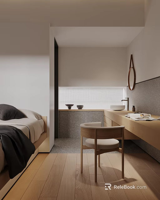 Minimalist Hotel Room Interior with Comfortable Bed Wooden Vanity Bath Area Mirror and Chair 3d model 