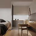 Minimalist Hotel Room Interior with Comfortable Bed Wooden Vanity Bath Area Mirror and Chair