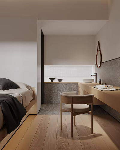 Minimalist Hotel Room Interior with Comfortable Bed Wooden Vanity Bath Area Mirror and Chair 3d model