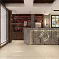 Elegant Restaurant Interior With Reception Counter Wine Shelves And Menu Display Screen 3d model