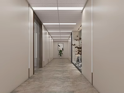 Modern Office Corridor With Light Colored Walls Ceiling Strip Lights And Marble Flooring 3d model