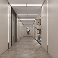 Modern Office Corridor With Light Colored Walls Ceiling Strip Lights And Marble Flooring