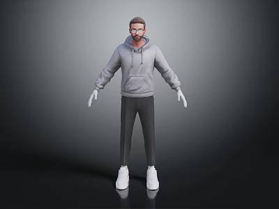 Digital Male Character Wearing Gray Hoodie Black Pants and White Shoes as 3d model