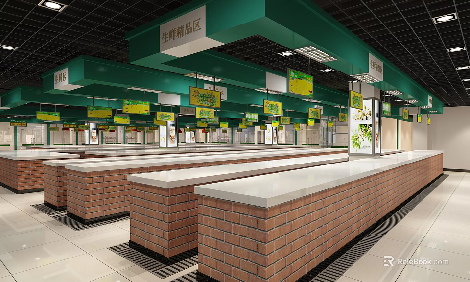 Supermarket Fresh Produce Area With Green Ceiling Signs Brick Counters And White Countertops 3d model 