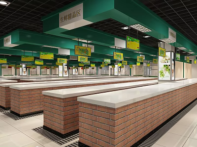Supermarket Fresh Produce Area With Green Ceiling Signs Brick Counters And White Countertops 3d model