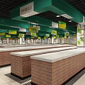 Supermarket Fresh Produce Area With Green Ceiling Signs Brick Counters And White Countertops