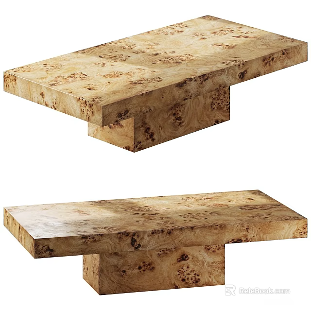 Elegant Natural Burl Wood Rectangular Coffee Table With Solid Pedestal Base For Modern Living Room 3d model 