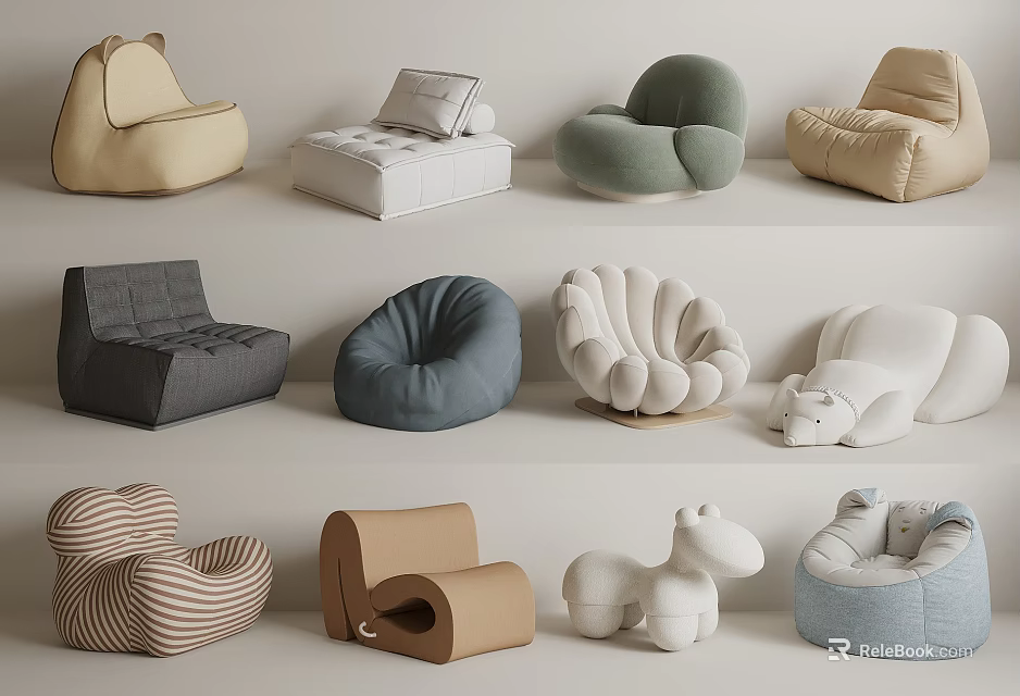 Multiple Stylish Single Sofa Designs Featuring Different Colors and Unique Shapes 3d model 