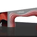 Modern Event Entrance With Red Wave Archway Logo And Banquet Table