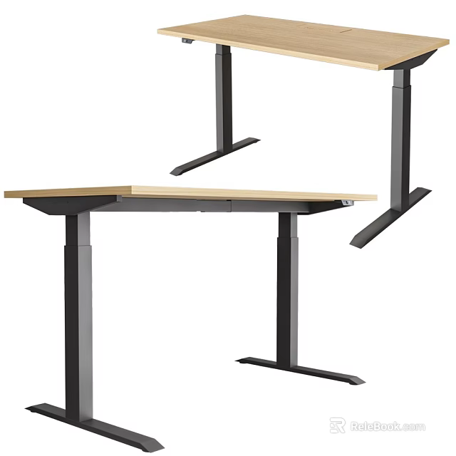 Modern Adjustable Home Office Desk with Wooden Top and Black Metal Frame 3d model 
