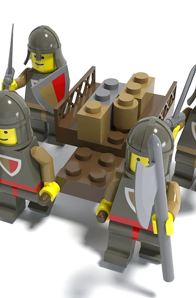 Building Blocks Knight Figurines in Armor Holding Weapons Helmet and Mini Bridge Structure 3d model