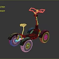 Four Wheel Bicycle Featuring Black Frame Red Seat Yellow Handlebar And Large Tires