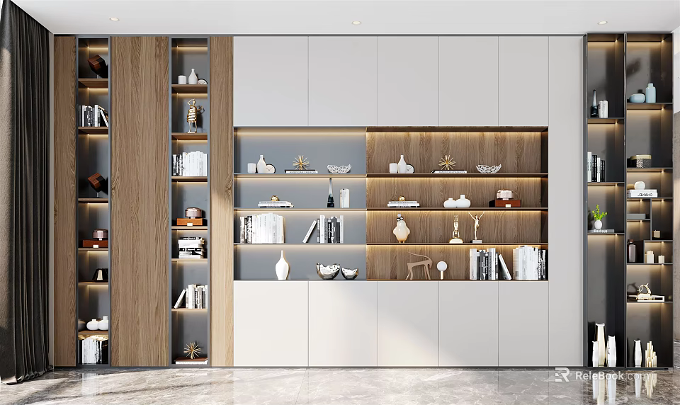 Modern Wooden And White Decorative Cabinet Featuring Open Shelves With Books And Vases 3d model 