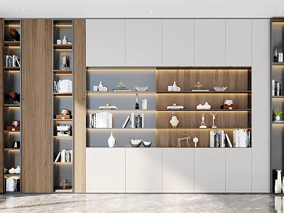 Modern Wooden And White Decorative Cabinet Featuring Open Shelves With Books And Vases 3d model