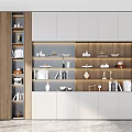 Modern Wooden And White Decorative Cabinet Featuring Open Shelves With Books And Vases