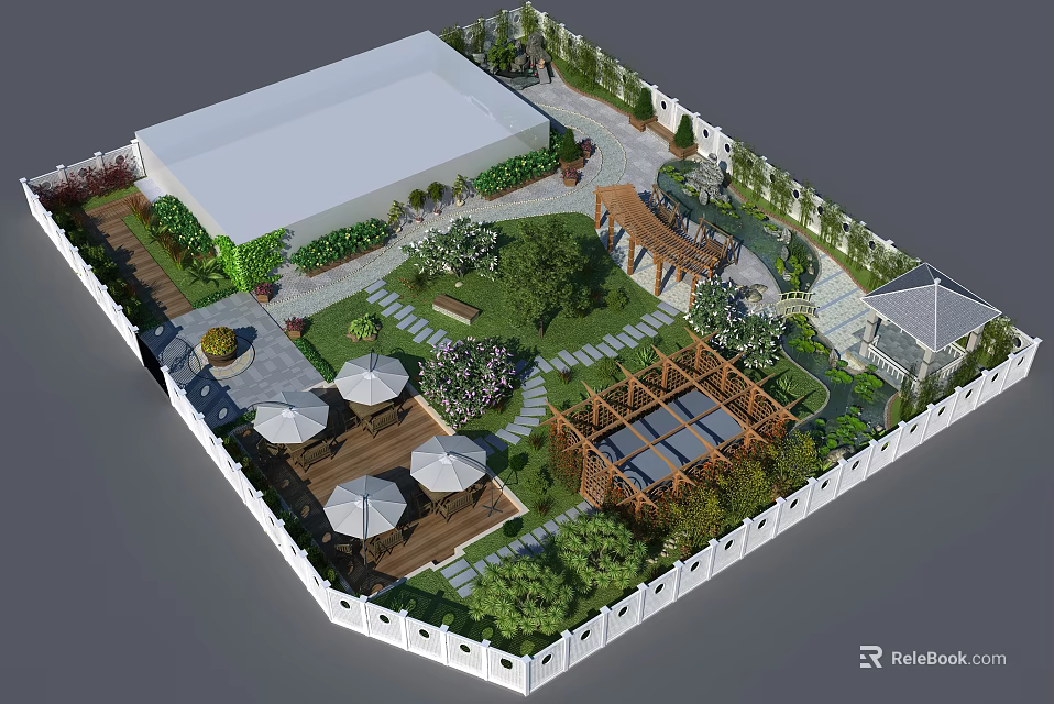 Garden Courtyard Design With Green Lawn Trees Gazebo Stone Path And Outdoor Dining Set 3d model 