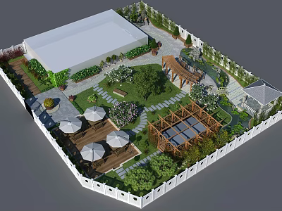 Garden Courtyard Design With Green Lawn Trees Gazebo Stone Path And Outdoor Dining Set 3d model