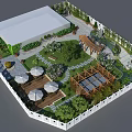 Garden Courtyard Design With Green Lawn Trees Gazebo Stone Path And Outdoor Dining Set