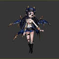 Fantasy Game Character With Blue Bat Wings Golden Horns Navy Uniform And Black Boots