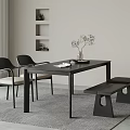 Modern Black Dining Table with Two Chairs Bench Vase Greenery on Gray Rug 3d model