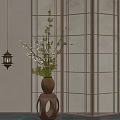 Japanese Bonsai Plant with Green Leaves and White Flowers in Brown Vase by Wooden Lattice