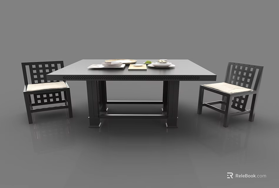 Modern Wooden Dining Table Set With Matching Chairs And Tableware On Top 3d model 