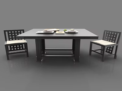 Modern Wooden Dining Table Set With Matching Chairs And Tableware On Top 3d model