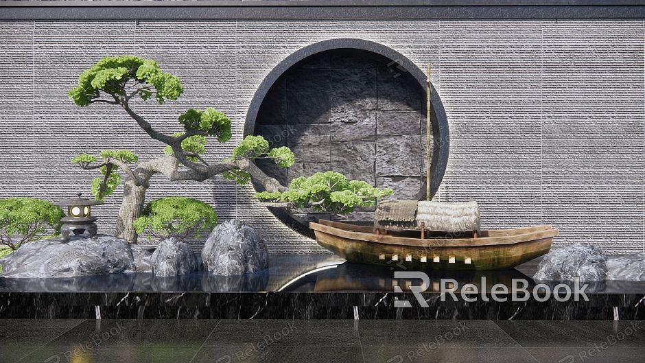 New Chinese style landscape sketch courtyard sketch waterscape wall stone boat pine tree sketch courtyard landscape model