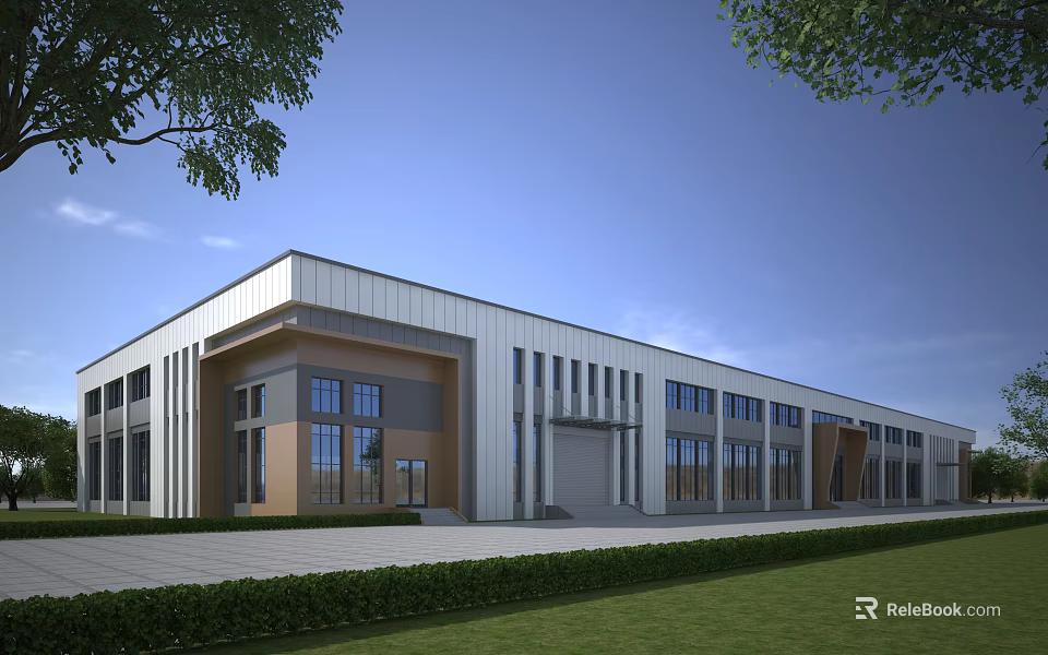 Modern Industrial Factory Building With Metal Exterior Large Windows And Green Lawn 3d model 