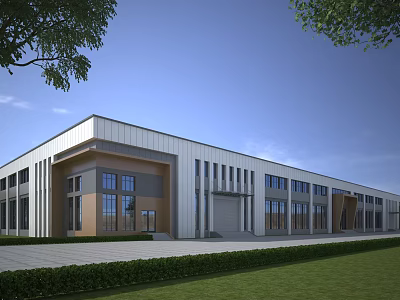 Modern Industrial Factory Building With Metal Exterior Large Windows And Green Lawn 3d model