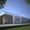 Modern Industrial Factory Building With Metal Exterior Large Windows And Green Lawn