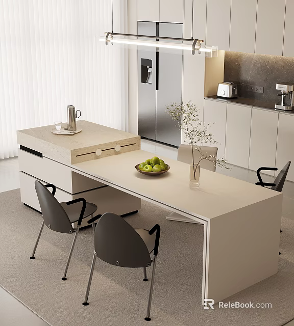 Modern Kitchen Interior With Spacious Island Countertop Fruits Vase And Dining Chairs 3d model 