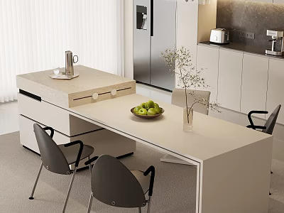 Modern Kitchen Interior With Spacious Island Countertop Fruits Vase And Dining Chairs 3d model