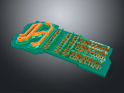 Computer Printed Circuit Board With Green Substrate Orange Wiring And Precision Layout 3d model