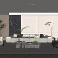 Modern Living Room Featuring Beige Sofa Accent Chairs Coffee Tables Floor Lamp And Marble Wall