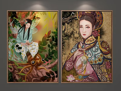 Traditional Female Figure Paintings With Vibrant Colors Green Foliage And Lotus Elements 3d model