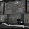 Computer Control Center Setup With Multiple Screens Displaying Various Scenes And Devices