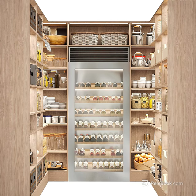 Built in Wine Cabinet Interior With Glass Door Organized Wine Bottles Wooden Shelves And Kitchen Items 3d model 
