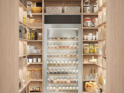 Built in Wine Cabinet Interior With Glass Door Organized Wine Bottles Wooden Shelves And Kitchen Items 3d model