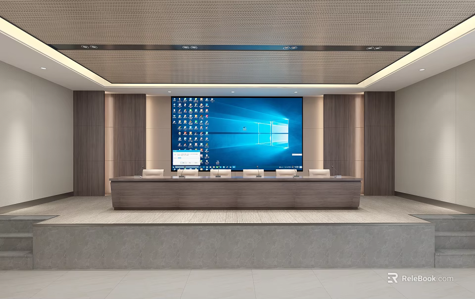 Modern Conference Room Interior With Large Screen Long Table And Wooden Walls 3d model 