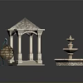 Ornate Gazebo with Columns and Tiered Fountain Featuring Decorative Sphere on Dark Surface with Reflections