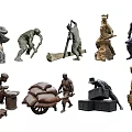 Traditional Folk Human Sculptures with Various Poses Including Pushing Carts and Carrying Loads