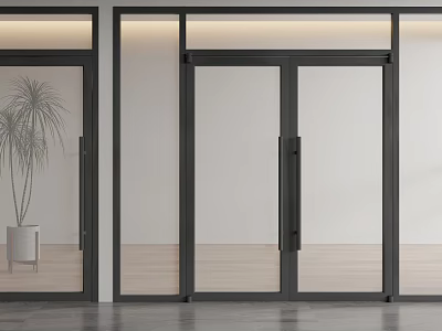 Modern White Wall Interior With Black Frame Glass Door Wooden Floor And Plant 3d model