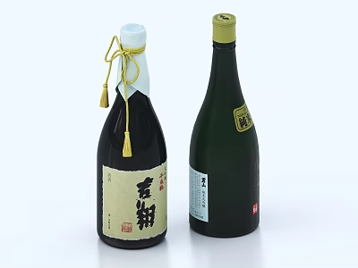 Dark And Green Condiment Bottles With Yellow Caps Chinese Labels And Decorative Yellow Strings 3d model