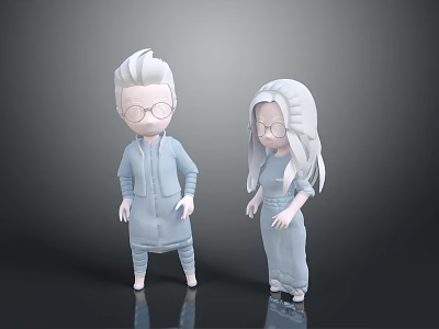 Two 3D Characters With White Hair Glasses Blue Jumpsuits Standing On Gray Background 3d model