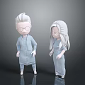 Two 3D Characters With White Hair Glasses Blue Jumpsuits Standing On Gray Background