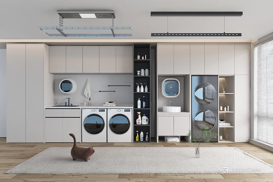 Modern Home Balcony Laundry And Storage Space With Washing Machines Sink Cabinets And Drying Rack 3d model 